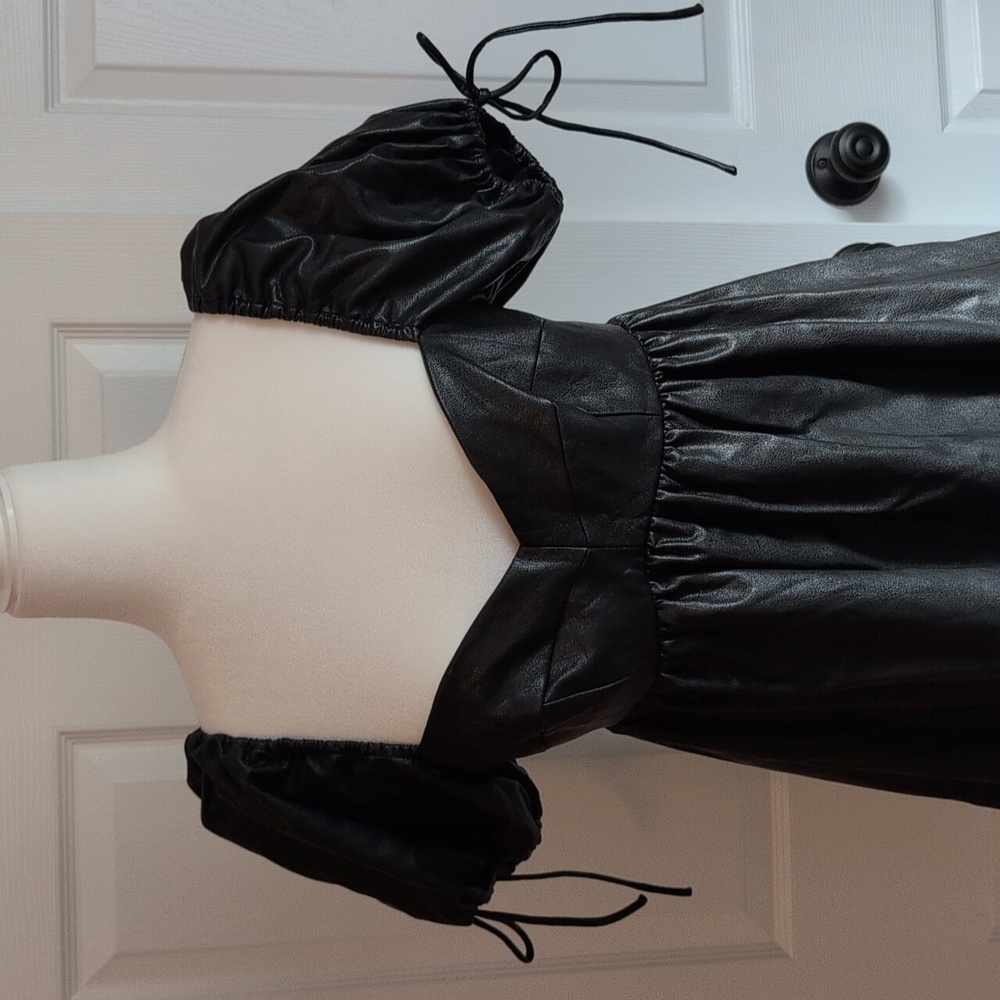 Amanda Uprichard Black Puff Sleeve Vegan Leather Mini Dress - Picture 2 of 12